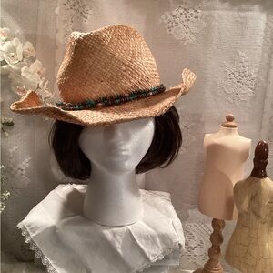 Natural Straw Fedora Women’s / Unisex Summer Cowgirl Hat / Turquoise Beaded Band